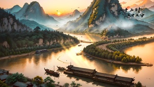 唯美国风山水船舶