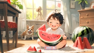 夏日吃瓜男孩