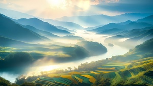 大自然风景阳光山川河流山水梯田
