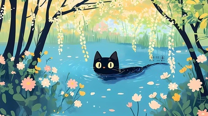 春天池塘猫咪