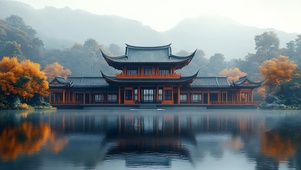 湖光秋韵古阁