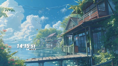 护眼蓝天白云房屋树木景色