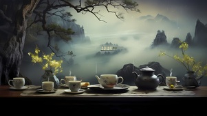 山中饮茶观雨