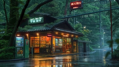 4k雨天山间超市