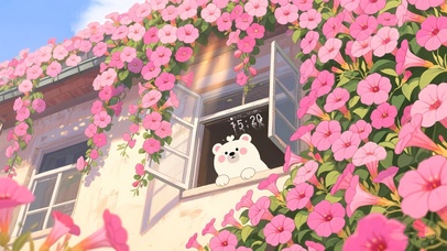 凌霄花窗台小熊