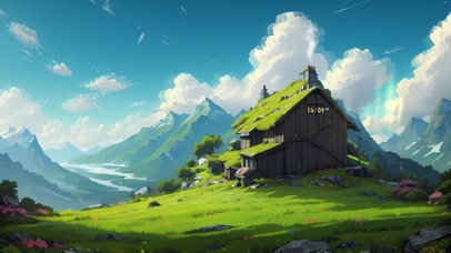 清新绿色小屋白云