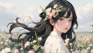 花丛侧脸女孩