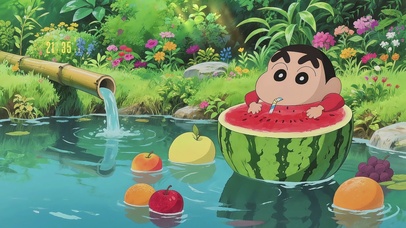 小溪边悠闲喝西瓜汁的蜡笔小新