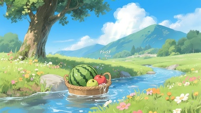 清新夏日溪流西瓜