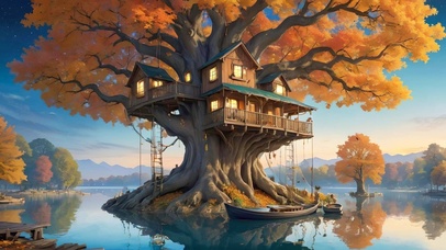 秋天湖中树屋