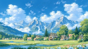 治愈山下村庄风景