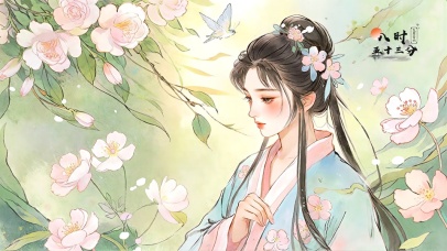 淡彩国风—花影少女思