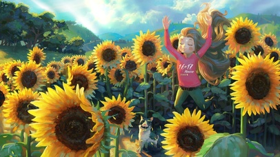 向日葵下的猫咪和女孩