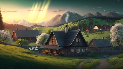 唯美夕阳小屋森林