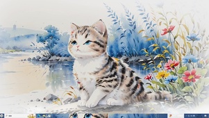  4K水彩水墨在河边的猫咪主题