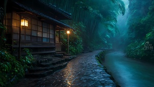 溪边小筑石阶雨