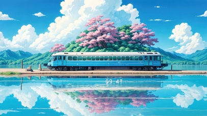 4K唯美治愈夏日湖景樱花列车