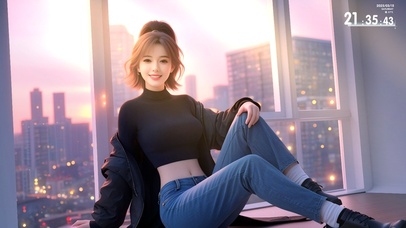 你的女朋友坐在窗台看你