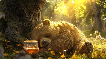 守着蜂蜜睡觉的贪吃小熊