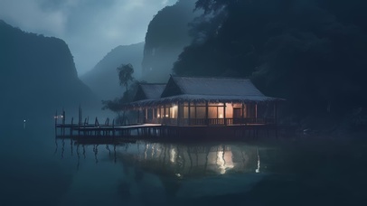 4K山间河边竹子小屋