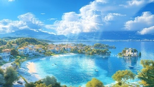 护眼海边城镇风景