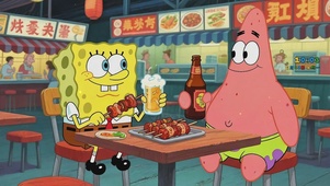 海绵宝宝和派大星快乐吃宵夜