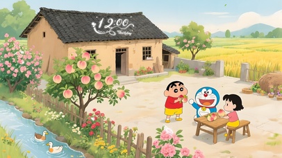 院子里的小新和蓝胖子