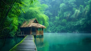 清新栈桥湖水竹林