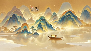 敦煌风岩彩画流水生财山河图
