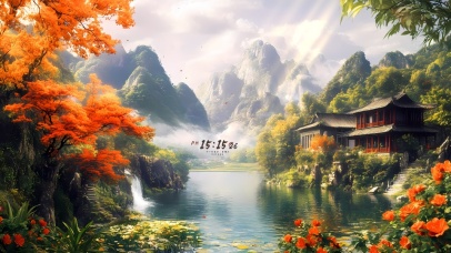 4K秋季山峰云雾村落