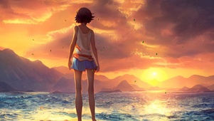 傍晚海边女孩