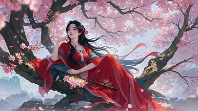 唯美桃花树下的美少女