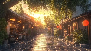 古镇落日唯美街景