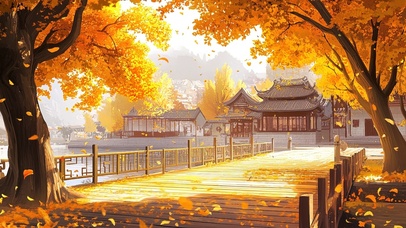 秋日静谧金黄古镇