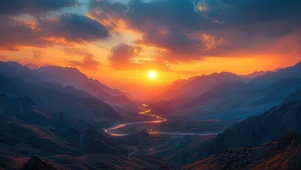 日落山间蜿蜒河流