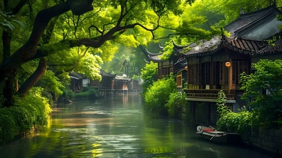 4k护眼古镇河流