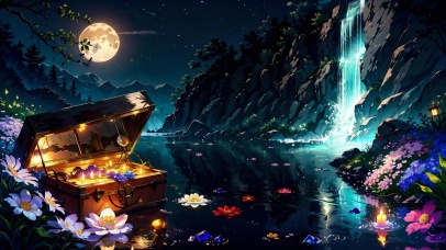 月夜瀑布旁的宝箱