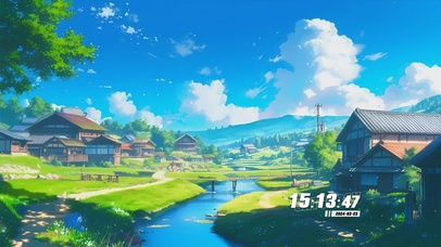 蓝天白云房屋溪流