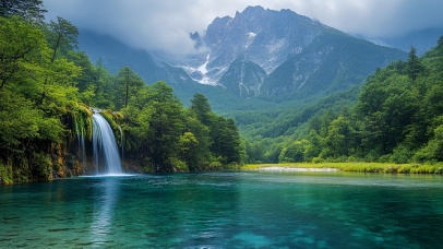 翡翠湖与银色瀑布