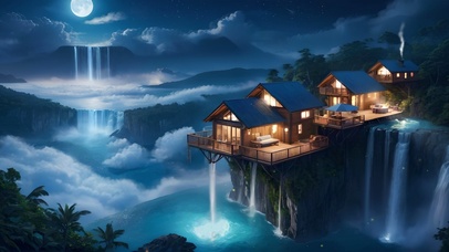 月夜瀑布上的小屋