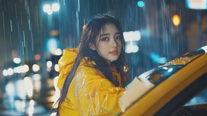 4K女孩穿着雨衣在车外淋雨