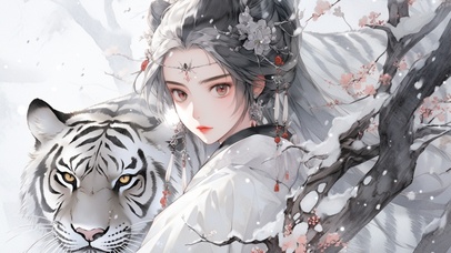 4K 国风雪虎与少女