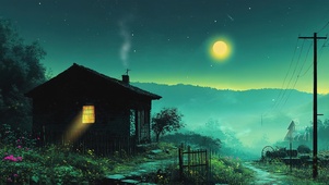 夜晚山下小屋