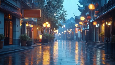 雨夜无人静谧古镇街道