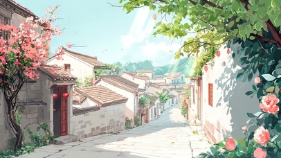 红花绿叶古城风景