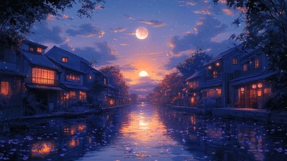 紫色晚霞古镇两岸建筑