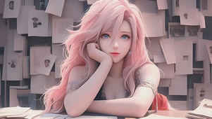 治愈卡通粉色头发画报女孩