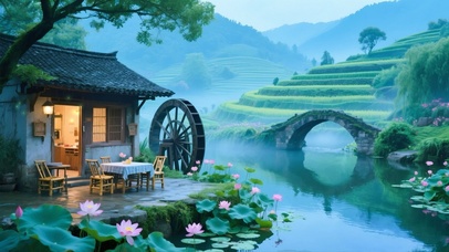 微雨荷塘水车小屋