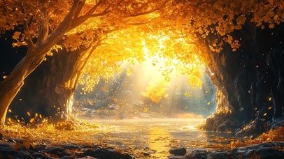 金黄秋日落叶唯美树洞