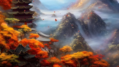 秋日山中云海古建筑